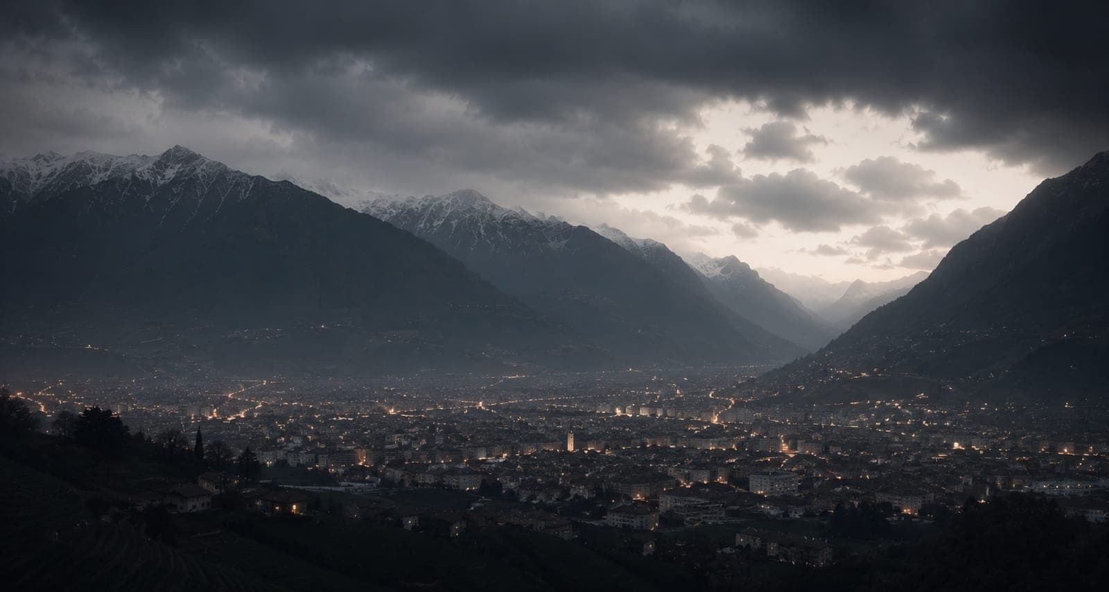Bozen mit Stadtlichtern unter alpinen Gipfeln in der Dämmerung