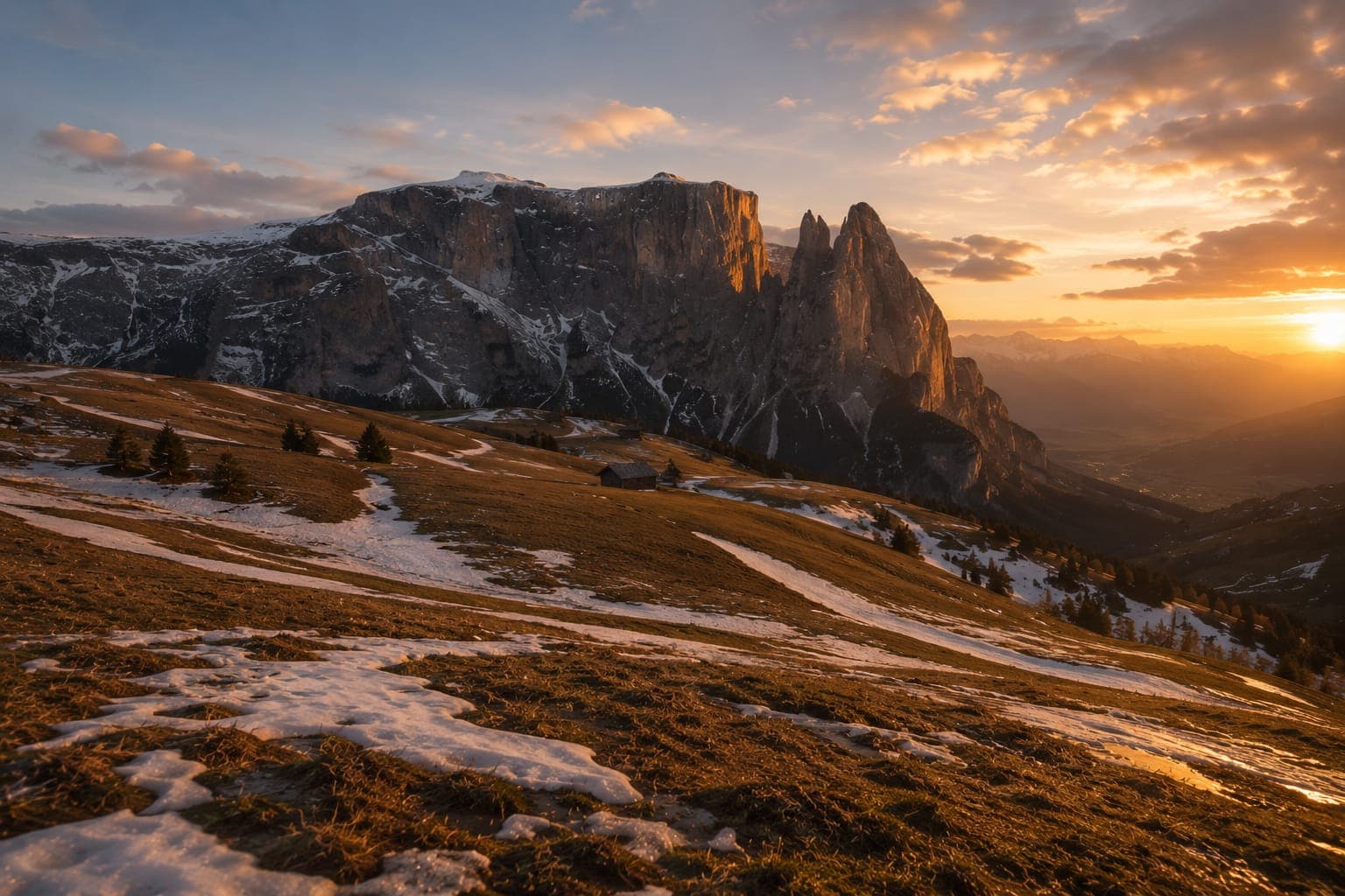 Der Schlern im warmen Abendlicht mit schmelzendem Schnee über der Seiser Alm