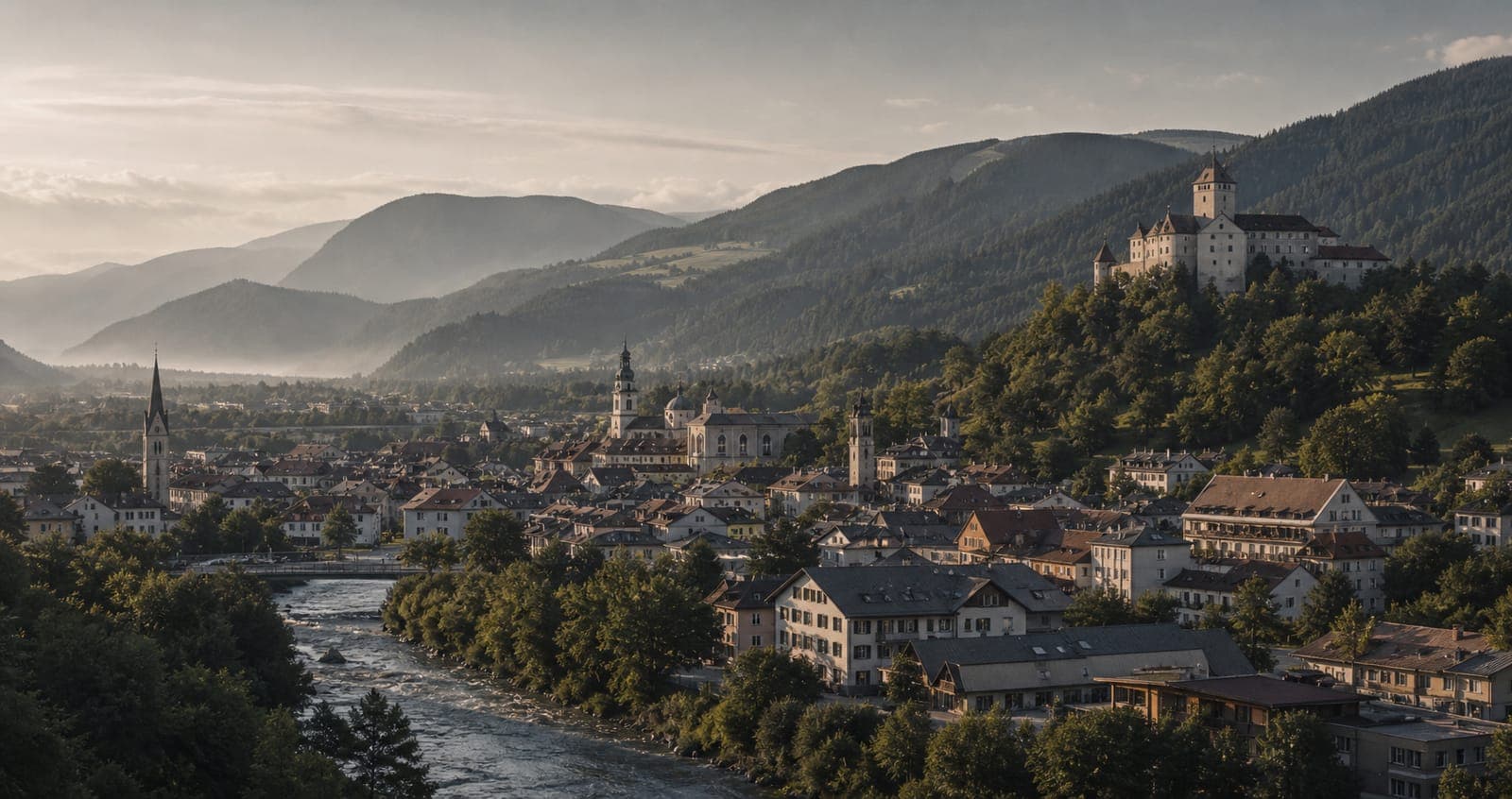 Bruneck im Pustertal an der Rienz mit Burg und bewaldeten Hängen