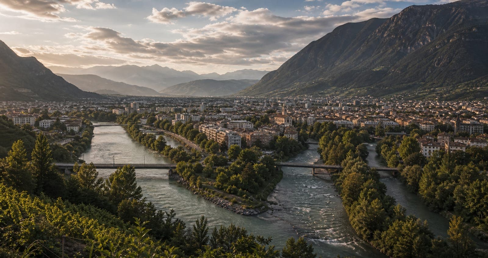 Bozen am Zusammenfluss von Talfer, Eisack und Etsch mit Stadt und Bergen