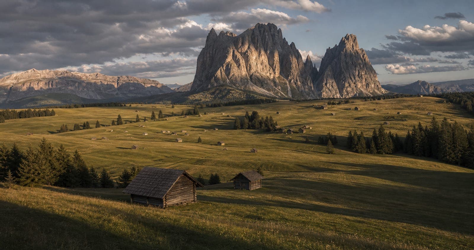 Langkofel und Plattkofel über den weiten Wiesen der Seiser Alm