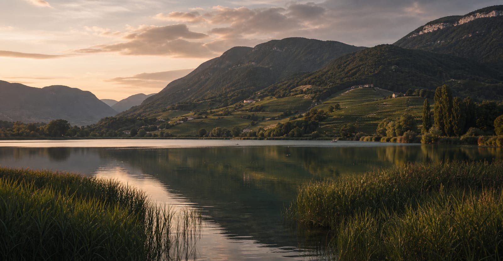 Kalterer See im Überetsch mit Rebhängen, Schilf und warmem Abendlicht