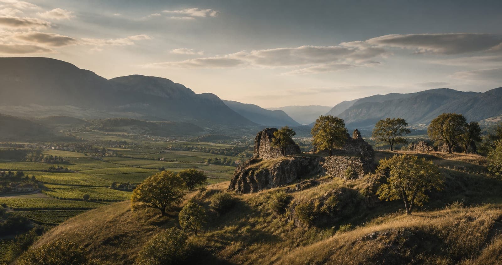 Porphyrhügel Castelfeder im Unterland mit Ruinen und Talblick